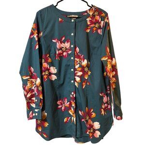 Floral Button-Up Tunic Shirt Duluth Trading‎ M with Pockets 100% Cotton